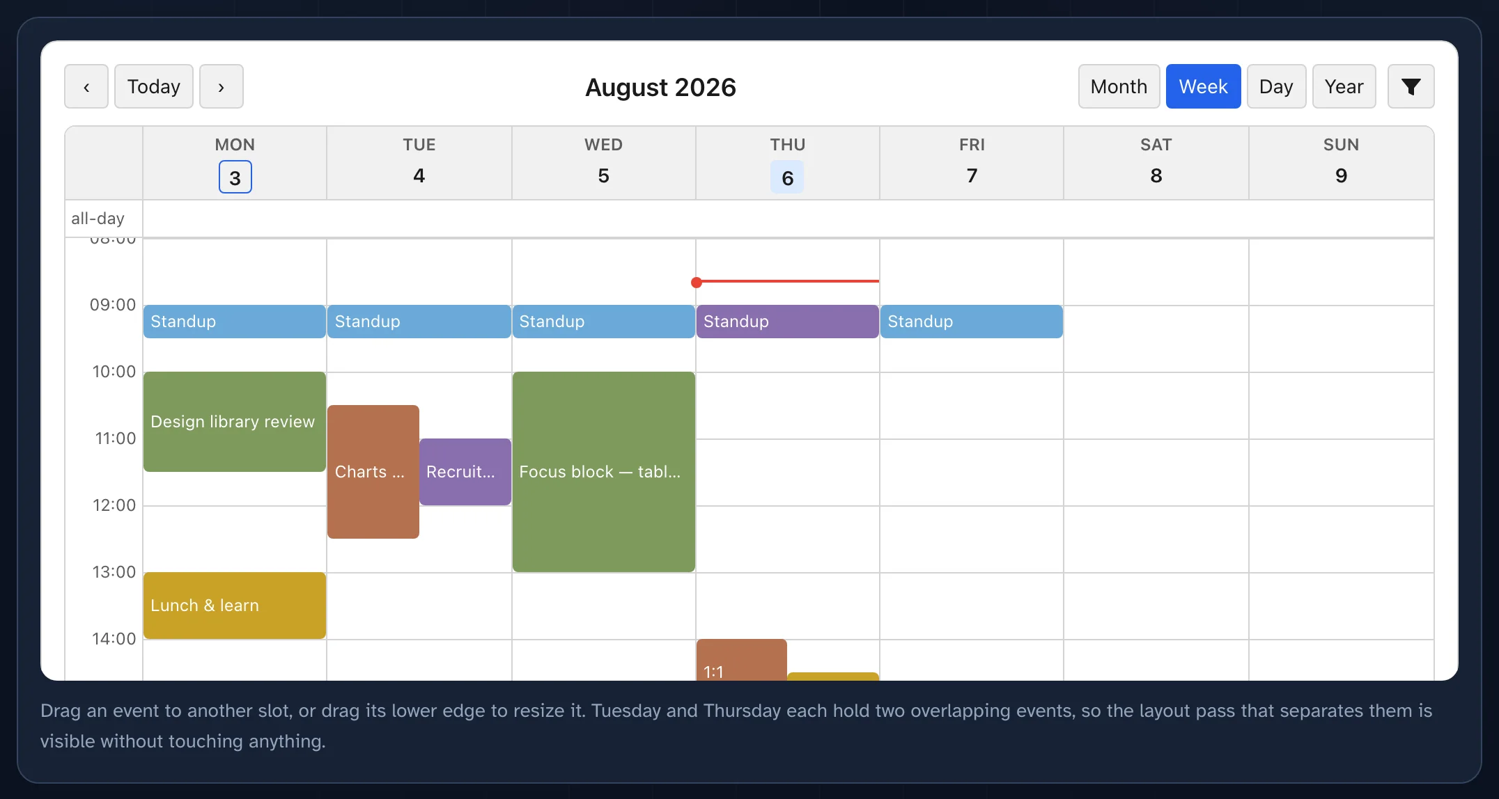 A week view with overlapping events laid out side by side