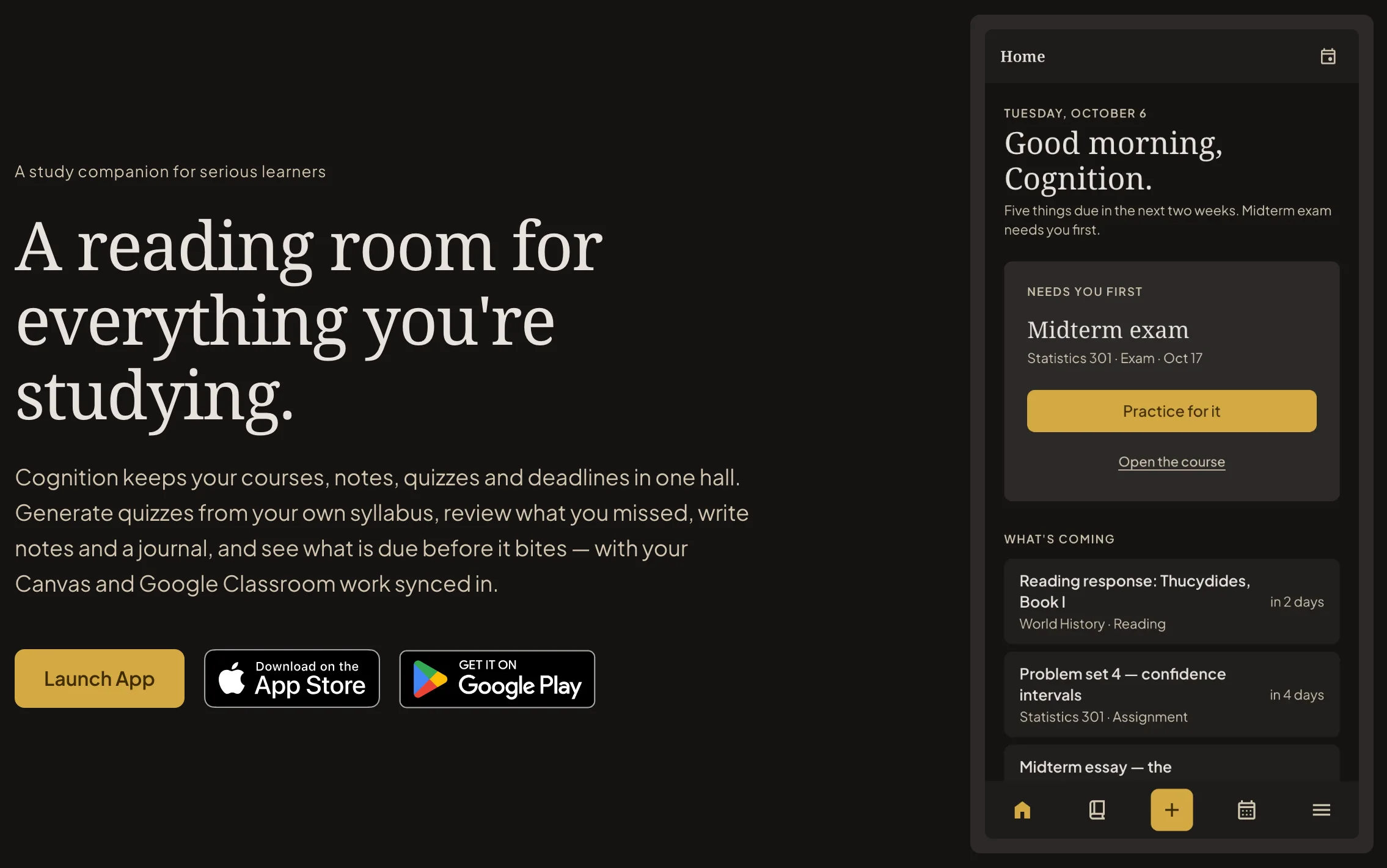 The Cognition website: the headline “A reading room for everything you’re studying” beside the app’s home screen, with a midterm exam due first