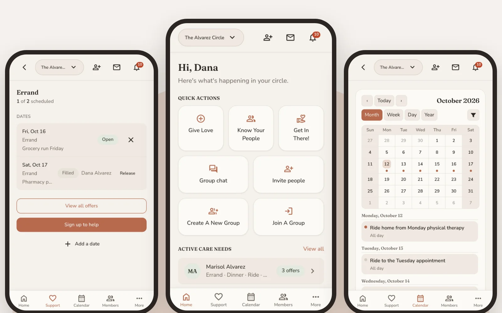 Three Got You phone screens: an errand’s open and filled dates, the circle’s home screen of quick actions, and the shared month calendar of sign-ups